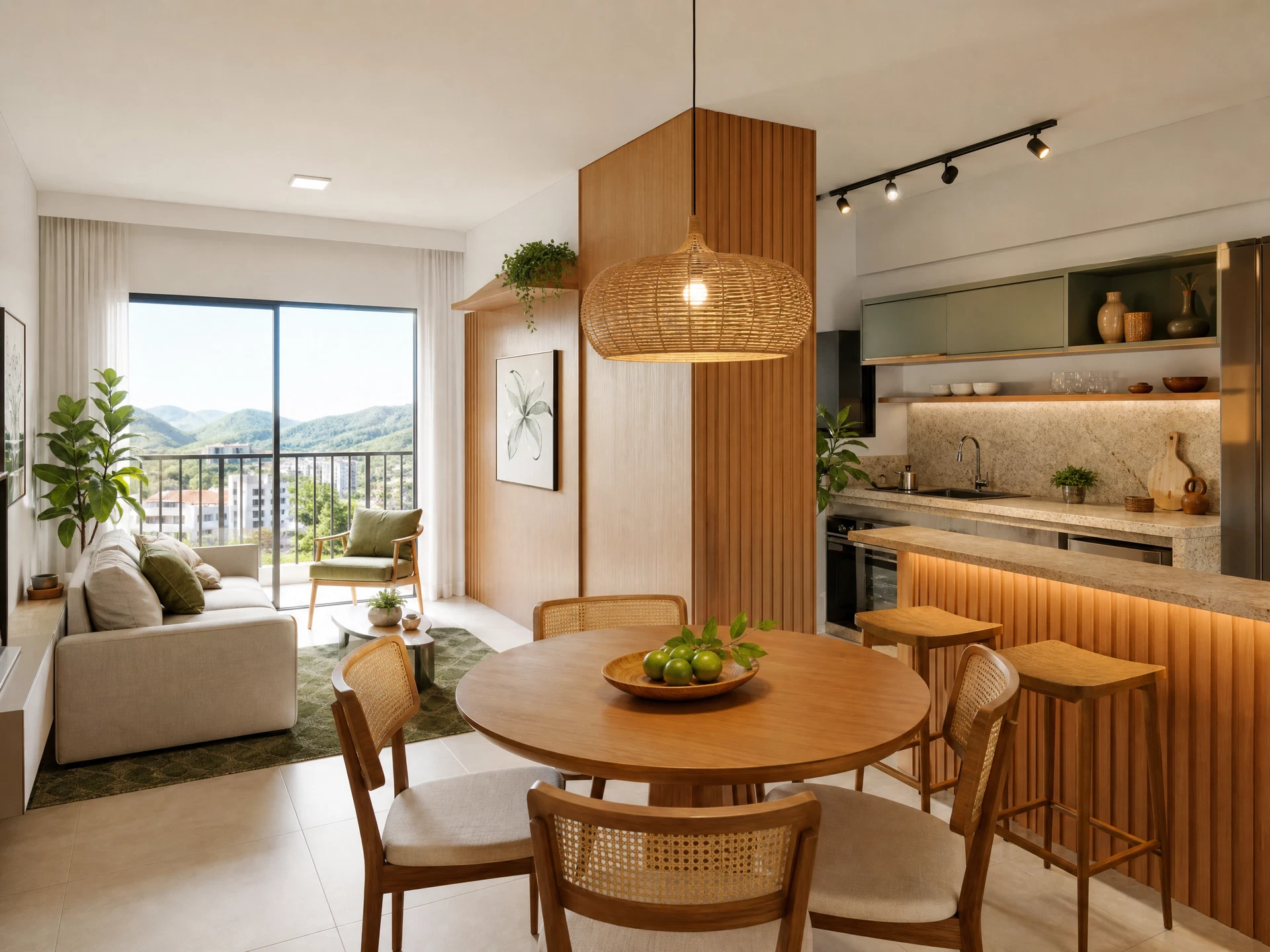 Sala integrada e iluminada de apartamento contemporâneo em Taubaté