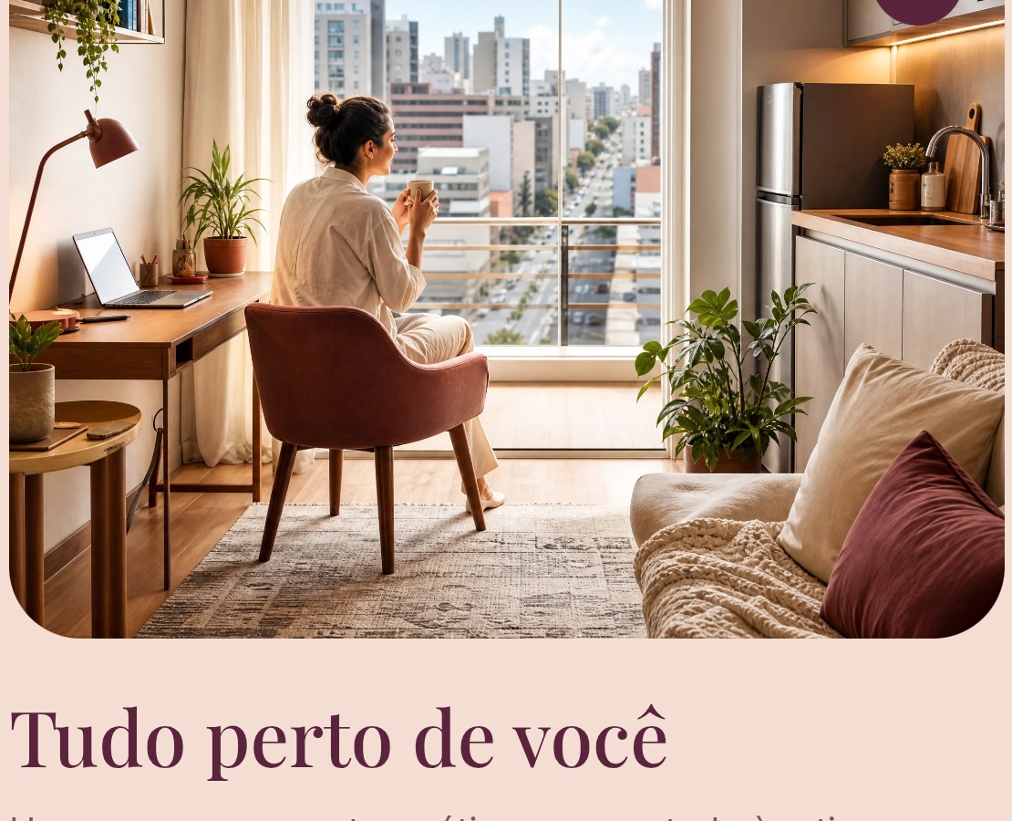 Pessoa trabalhando em uma mesa com notebook, plantas e janela iluminada para a cidade.