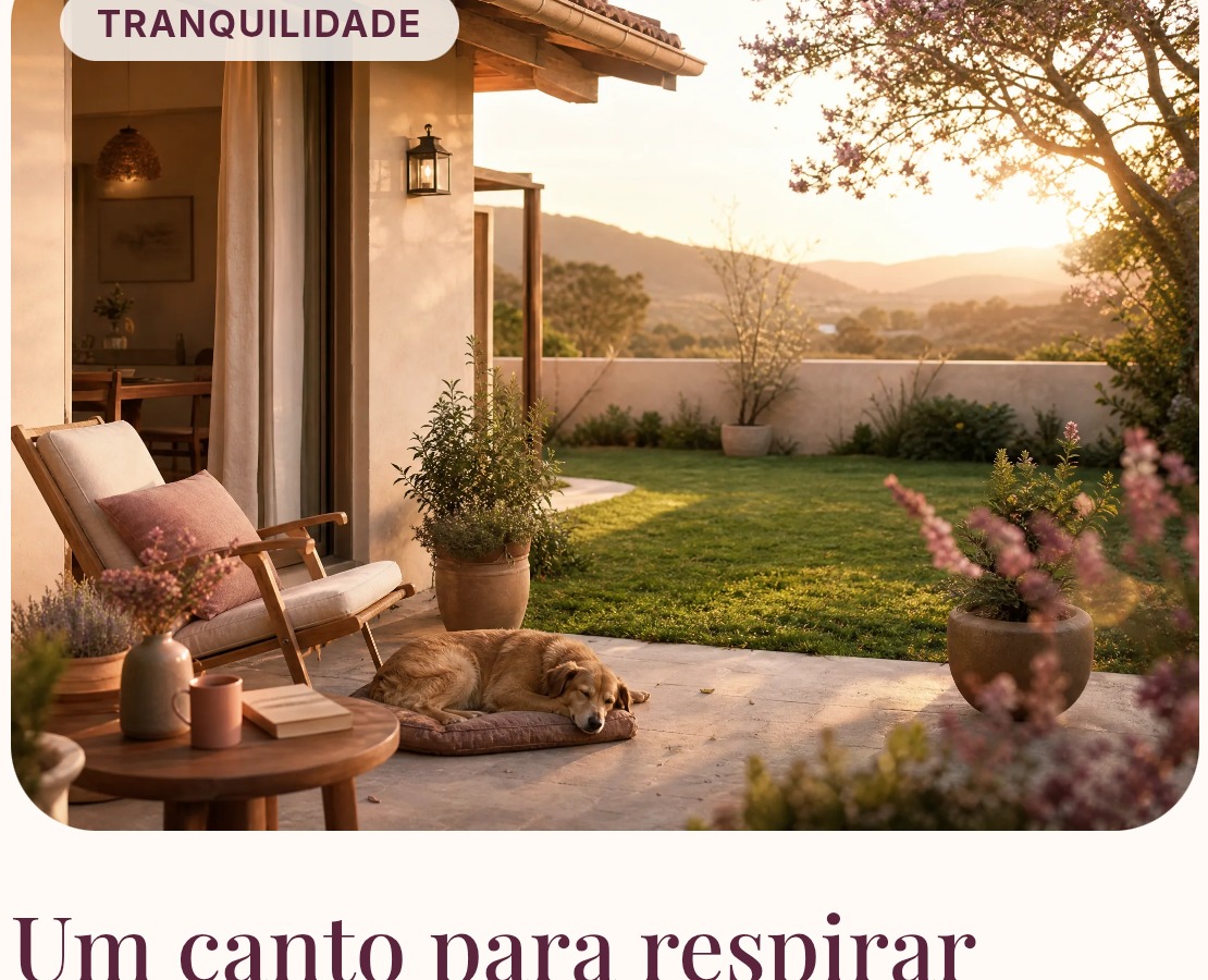 Varanda aberta para um jardim com montanhas ao entardecer, uma cadeira e um cão em repouso.